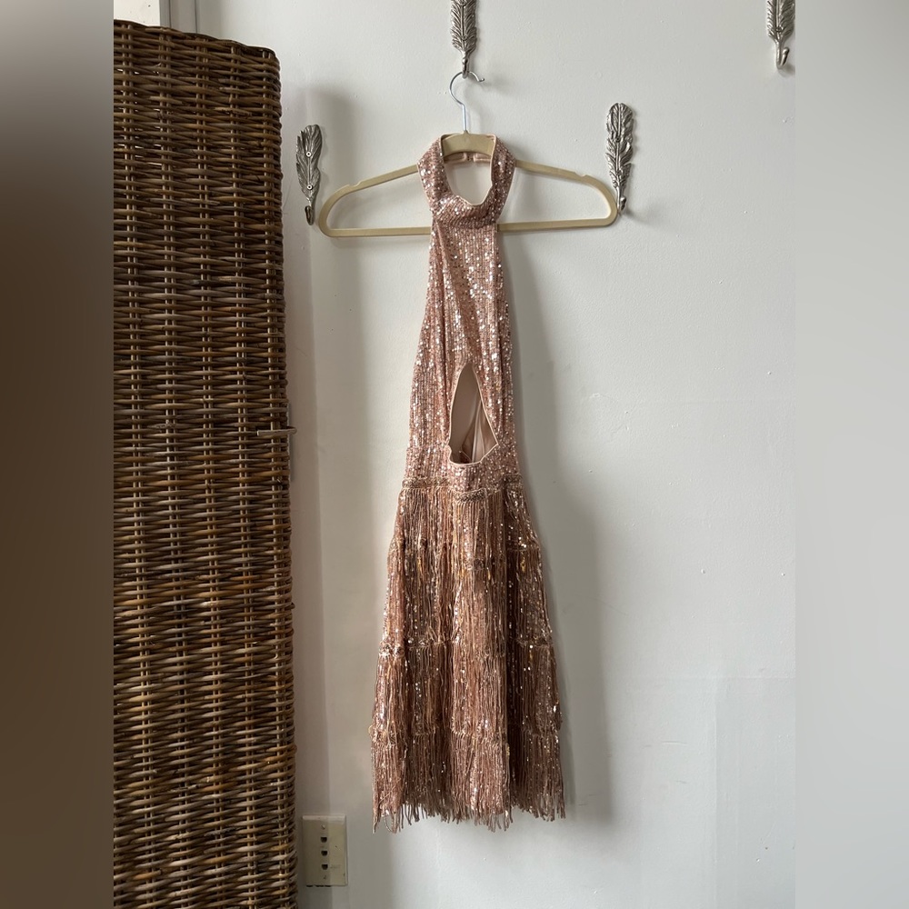 Rose gold size XS, sequined, fringe cocktail dress.